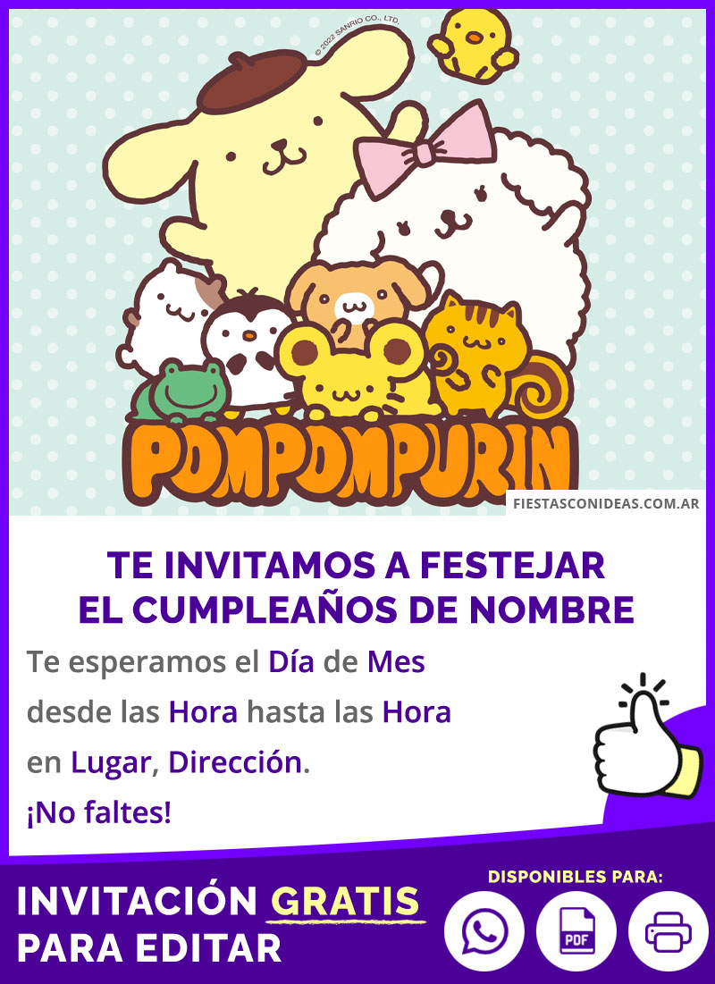 Modelo De Invitación Pompompurin Y Amigos Gratis Para Editar, Imprimir, PDF o Whatsapp