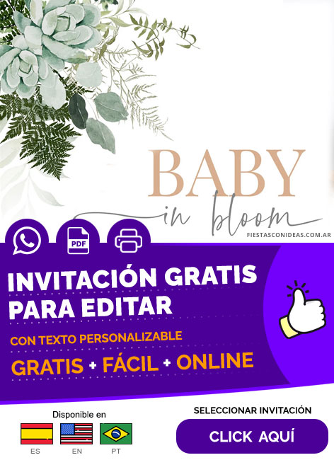 Invitación Baby Shower Baby In Bloom Tonos Verdes Suculenta Y Eucaliptos Unisex Gratis Para Editar, Imprimir, PDF o Whatsapp