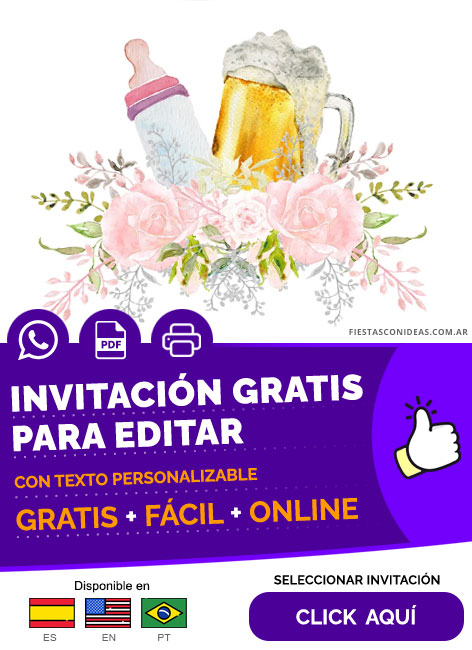 Invitación Baby Shower Niñas Mamadera Cerveza Flores Rosas Gratis Para Editar, Imprimir, PDF o Whatsapp