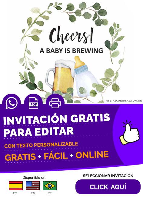 Invitación Baby Shower Temática Cerveza Con Marco De Hojas Verdes Gratis Para Editar, Imprimir, PDF o Whatsapp