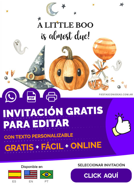 Invitación Baby Shower Temática Halloween Con Calabaza Y Sombrero De Bruja Gratis Para Editar, Imprimir, PDF o Whatsapp