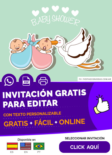 Invitación Baby Shower Temática Mellizos O Gemelos Con Ciguenia Gratis Para Editar, Imprimir, PDF o Whatsapp