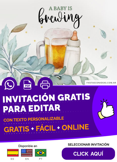 Invitación De Baby Shower Cerveza Y Mamadera Flores Y Hojas Eucalipto Gratis Para Editar, Imprimir, PDF o Whatsapp