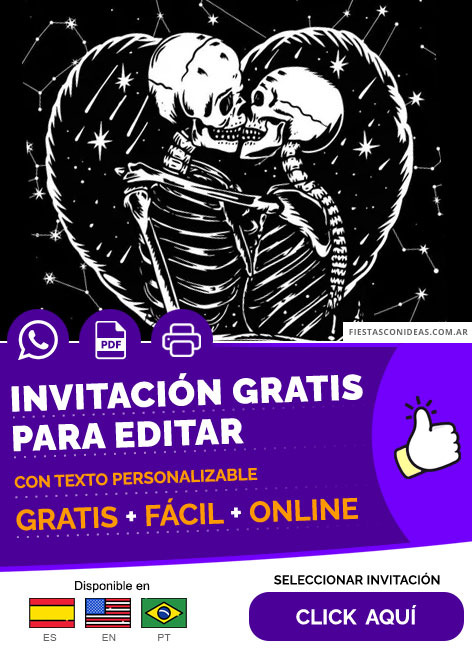 Invitación De Boda Gotica Hallowedding Esqueletos Besandose Gratis Para Editar, Imprimir, PDF o Whatsapp