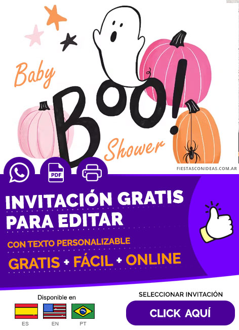 Invitación De Halloween Fantasma Calabaza Rosa Para Baby Shower Gratis Para Editar, Imprimir, PDF o Whatsapp