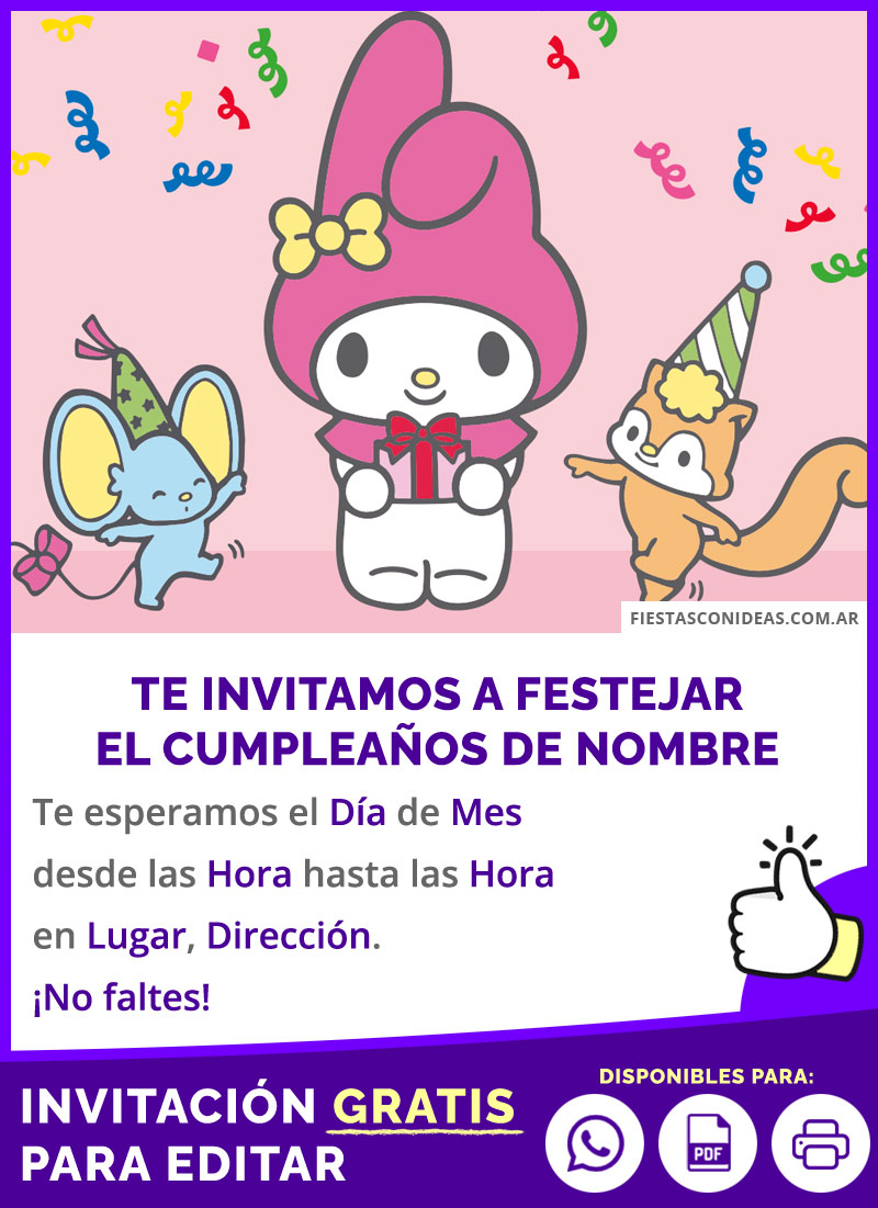 Invitación De My Melody Y Amigos Para Fiesta De Cumpleaños Gratis Para Editar, Imprimir, PDF o Whatsapp