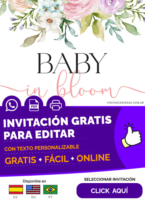 Invitación Digital Baby Shower Baby In Bloom Flores Acuarela Gratis Para Editar, Imprimir, PDF o Whatsapp