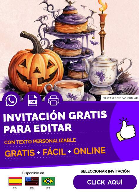Invitación Fiesta Del Te De Halloween Calabaza Y Dulces Tenebrosos Gratis Para Editar, Imprimir, PDF o Whatsapp