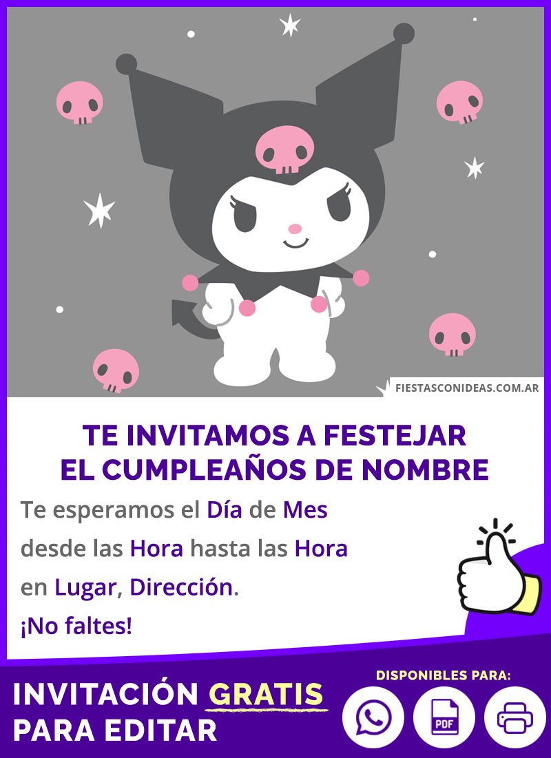 Invitación Fiesta Temática Kuromi Fondo Negro Y Calaveras Rosas Gratis Para Editar, Imprimir, PDF o Whatsapp