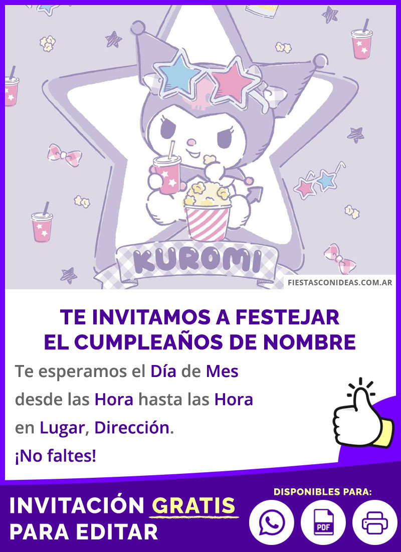 Invitación Personalizable De Kuromi Con Anteojos 3d Gratis Para Editar, Imprimir, PDF o Whatsapp