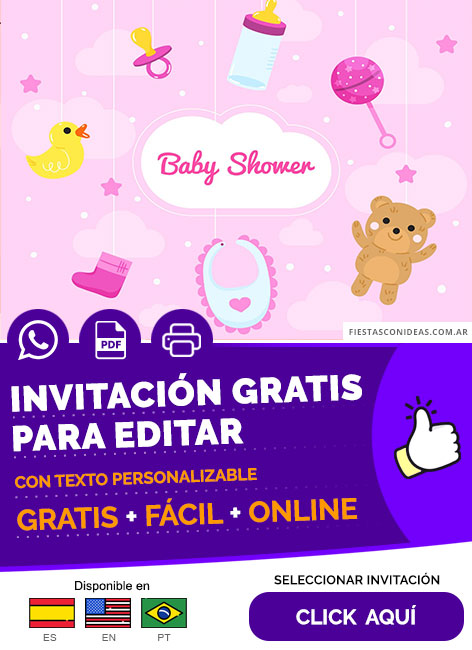 Invitación De Baby Shower Rosa Con Juguetes Gratis Para Editar, Imprimir, PDF o Whatsapp