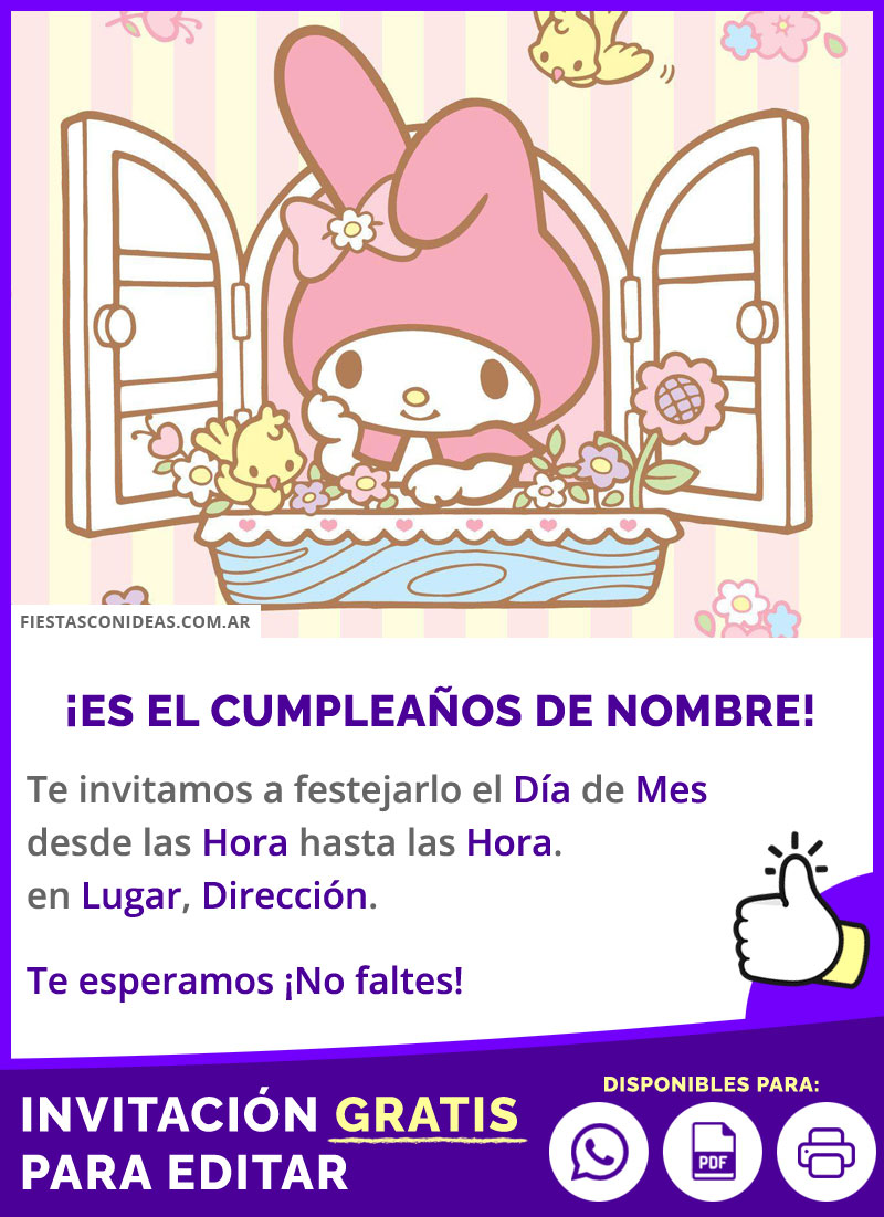 Invitación De Cumpleaños De My Melody Ventana Con Flores Gratis Para Editar, Imprimir, PDF o Whatsapp