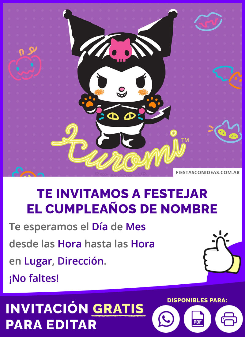 Invitación Para Fiesta Piyamada Kuromi Violeta Y Fluor Gratis Para Editar, Imprimir, PDF o Whatsapp
