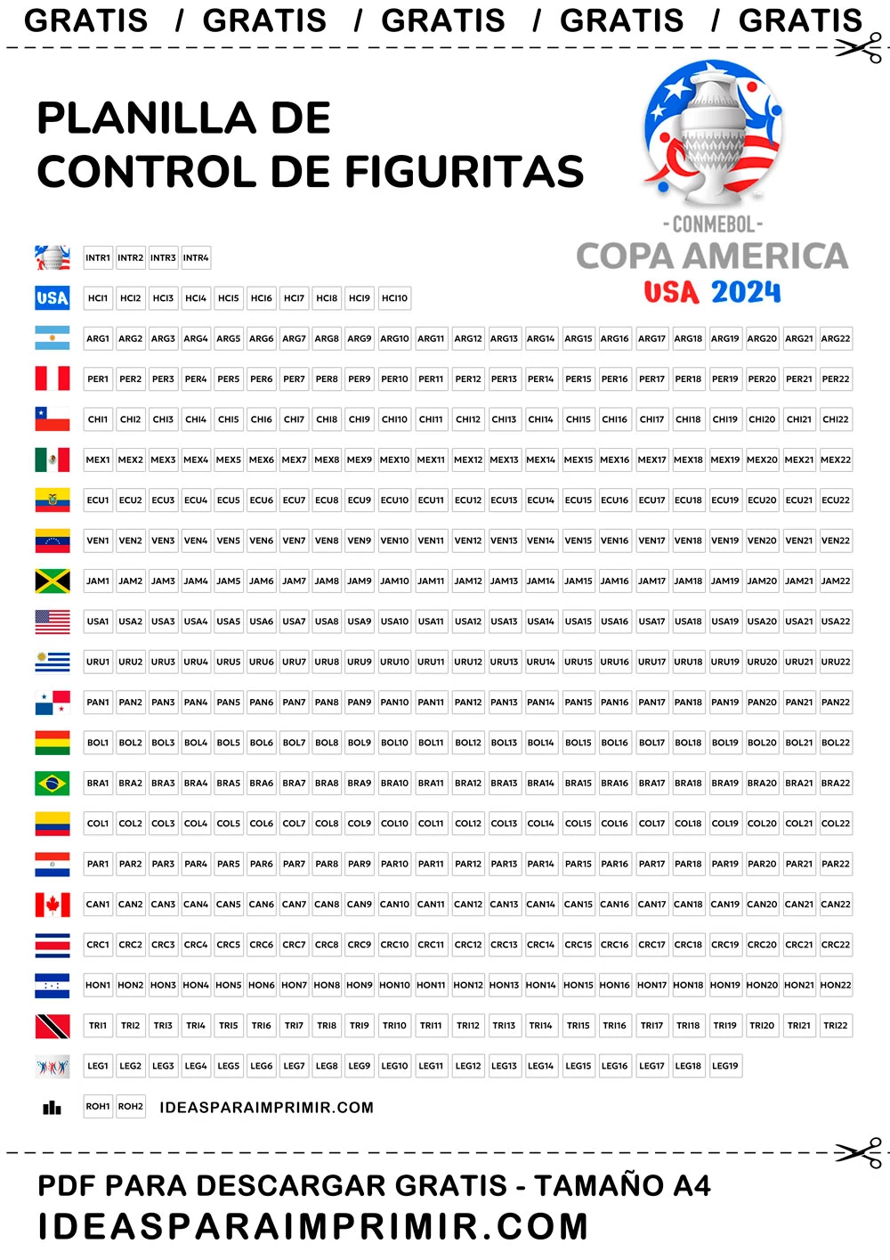 Descargar tabla de seguimiento de figuritas, cromos o stickers del álbum Copa América 2024 en blanco y negro