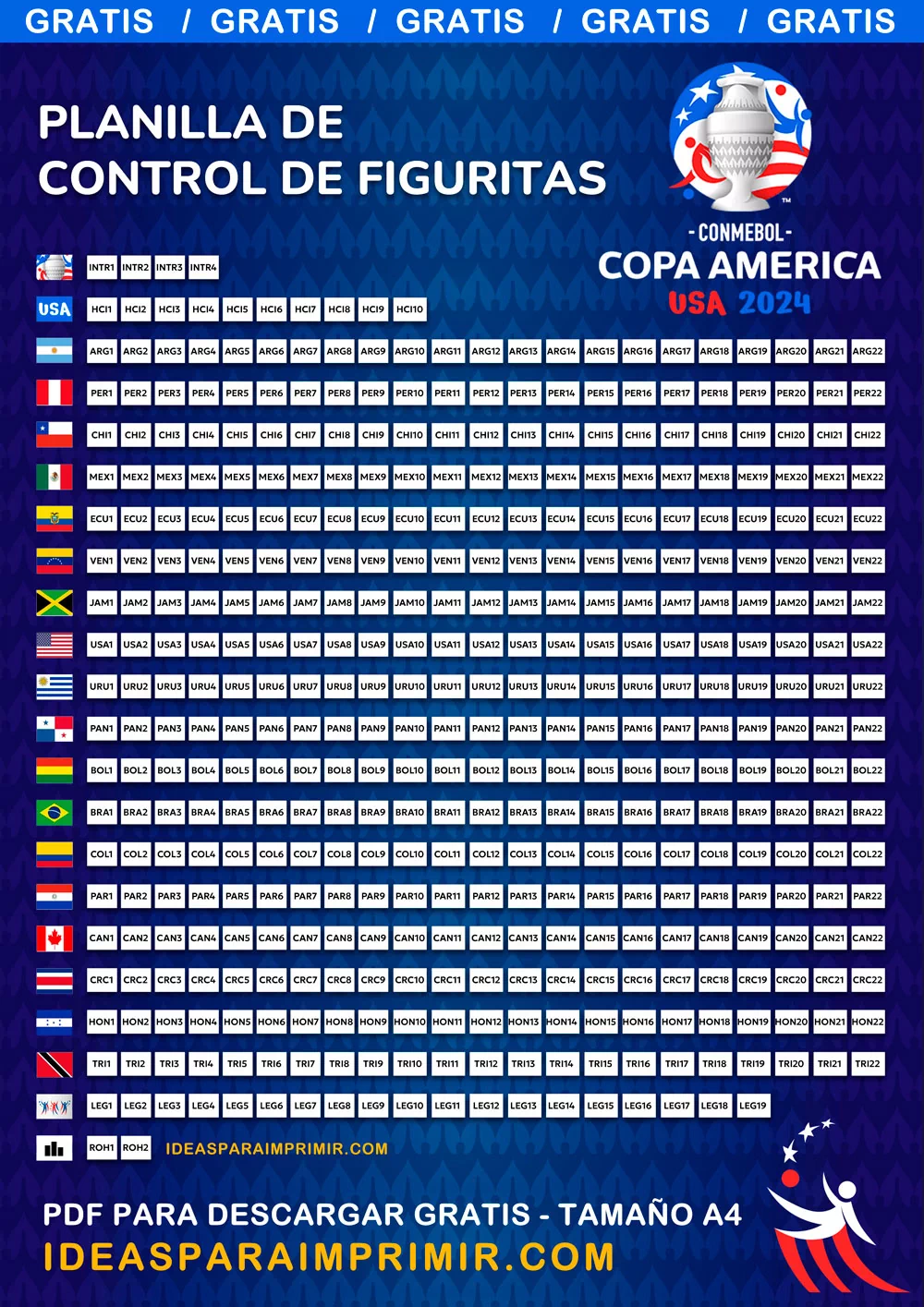 Descargar tabla de seguimiento de figuritas, cromos o stickers del álbum Copa América 2024