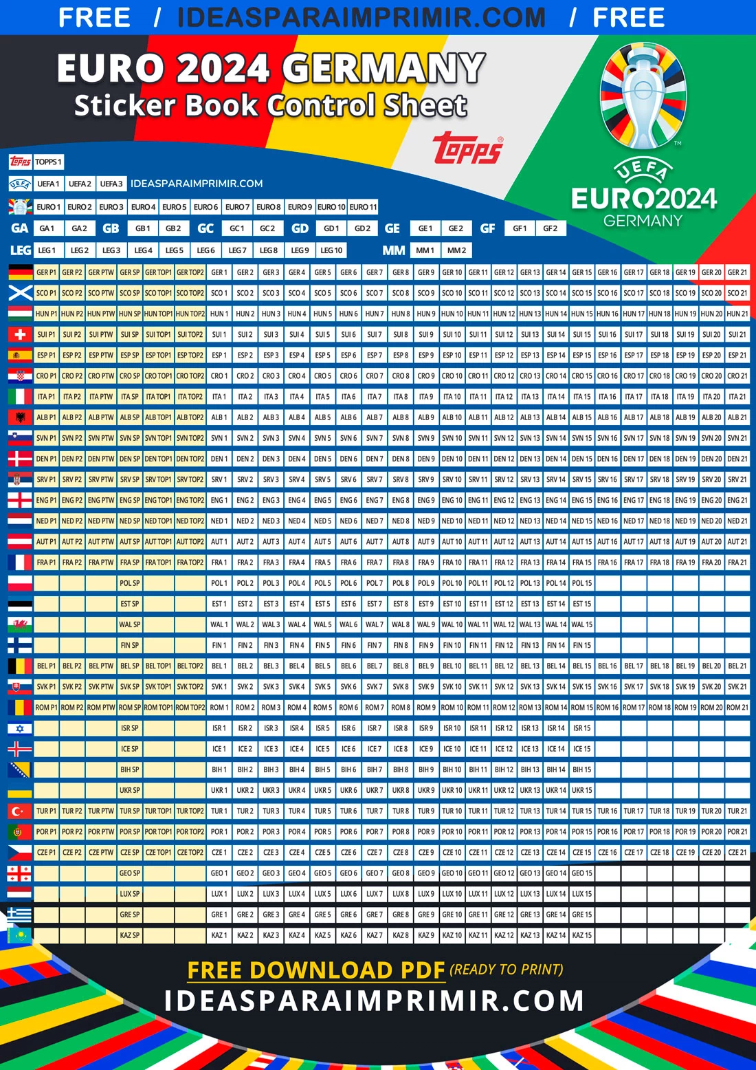 Free EURO 2024 Sticker Album Control Sheet [English]