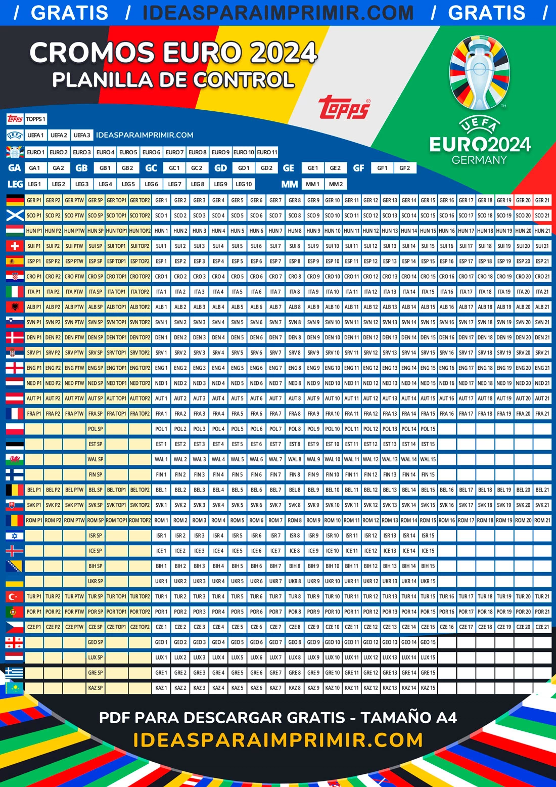 Planilla de control de Cromos Euro 2024 (Álbum Topps)