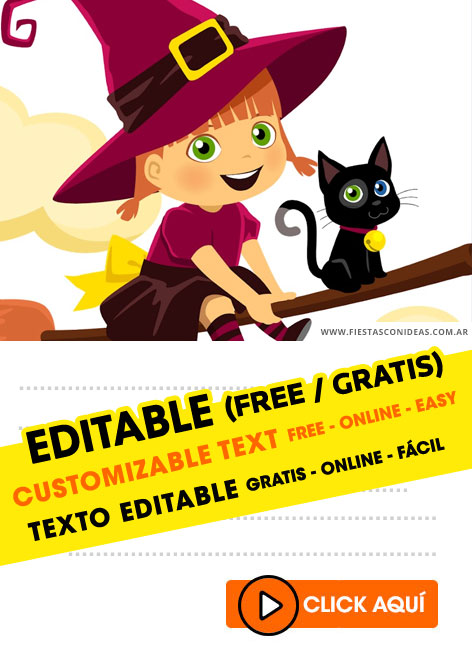[+4] Free LA BRUJITA TATTY Y EL GATITO MISIFU birthday invitations for edit, customize, print or send via Whatsapp