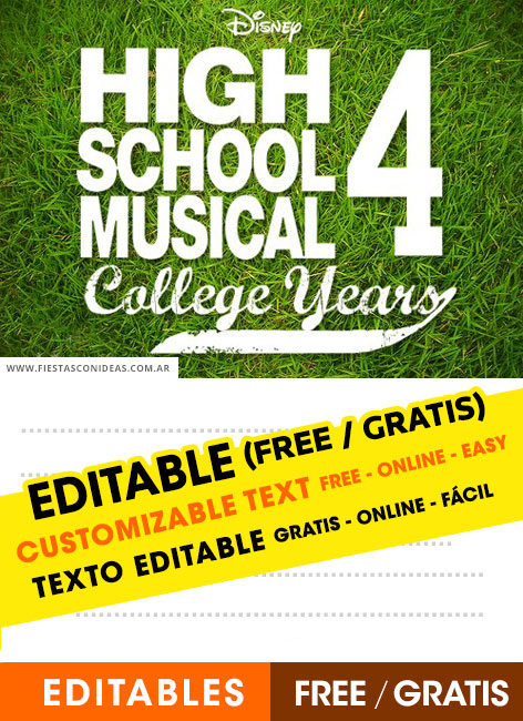 [+2] Free HIGH SCHOOL MUSICAL 4 birthday invitations for edit, customize, print or send via Whatsapp