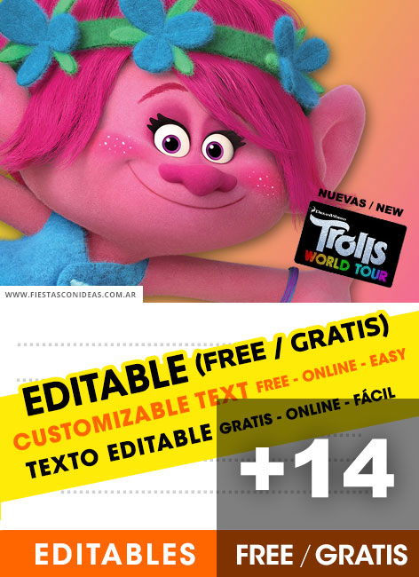 [+14] Free TROLLS birthday invitations for edit, customize, print or send via Whatsapp