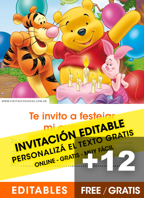 [+12] Free WINNIE POOH Y TIGGER birthday invitations for edit, customize, print or send via Whatsapp